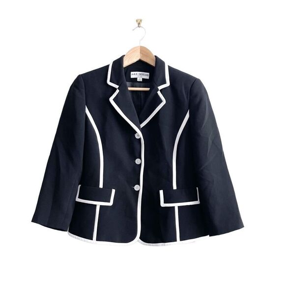A & K Designs Cropped Blazer Jacket Women's 6P Black White Trim Notched Lapels - Picture 1 of 10